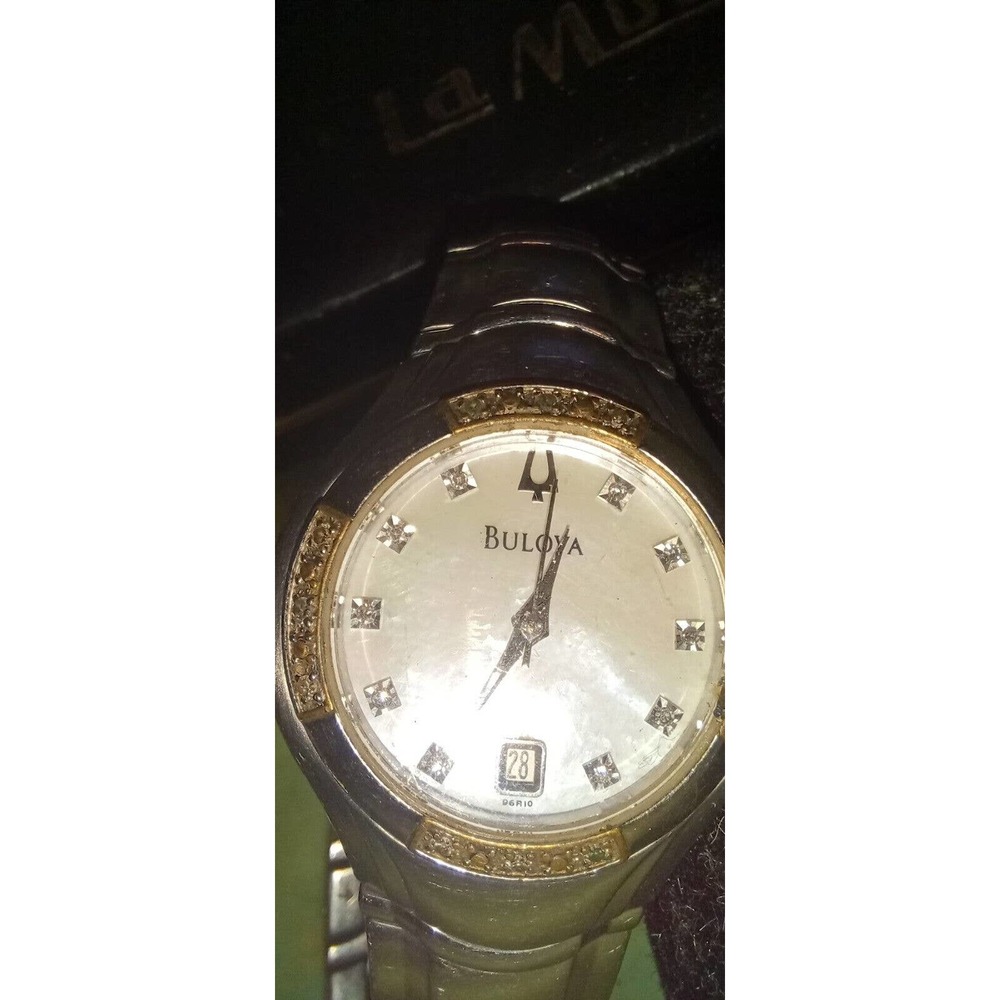 Bulova 96R10 22 Diamonds Silver Tone White MOP Date Dial Womens Dress Watch